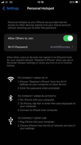 Enabling Personal Hotspot Feature